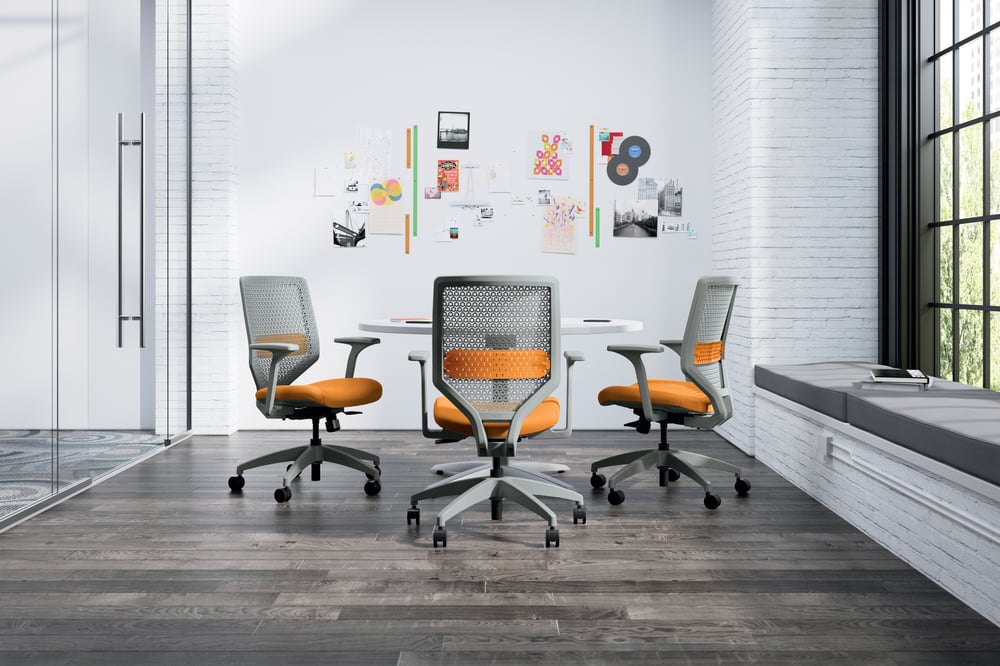 HON Solve task chairs, white mesh back, light orange cushion