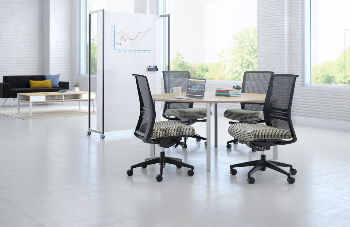 KIMBALL Joya chairs, gray cushion, black mesh