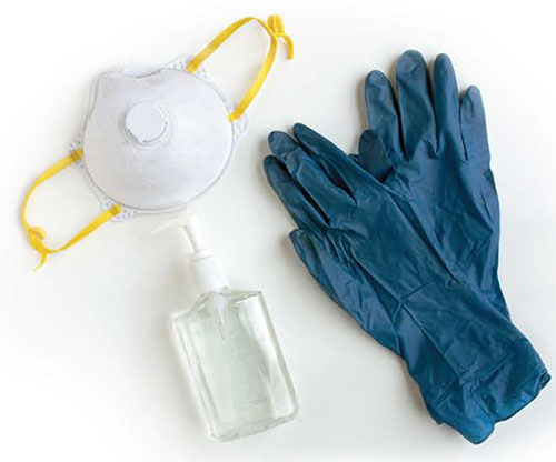 blue nitrate gloves, mask and sanitizer