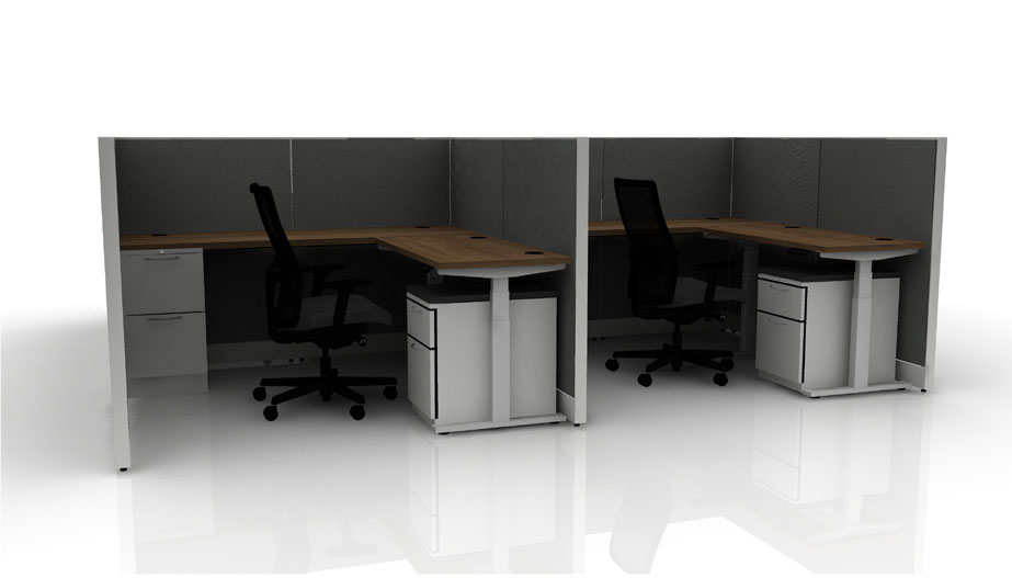 two L-shaped desks with dividers between