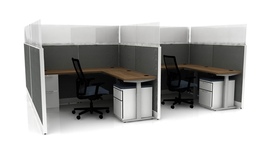 two L-shaped desks with dividers between and plastic dividers