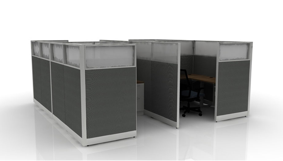 two L-shaped desks with dividers between,plastic dividers on top and more enclosure