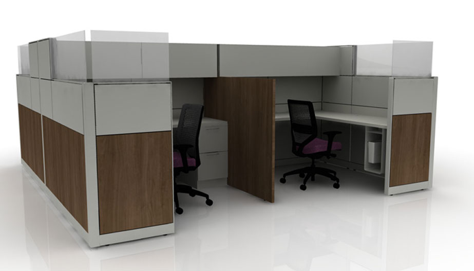 gret and wood cubicles with stacked storage, plastic dividers and wood divider