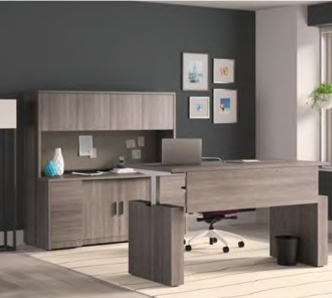 large home office with grey desk and cabinets