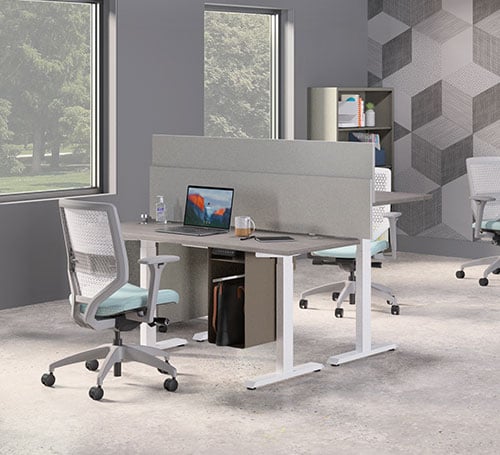 two desk with privacy between